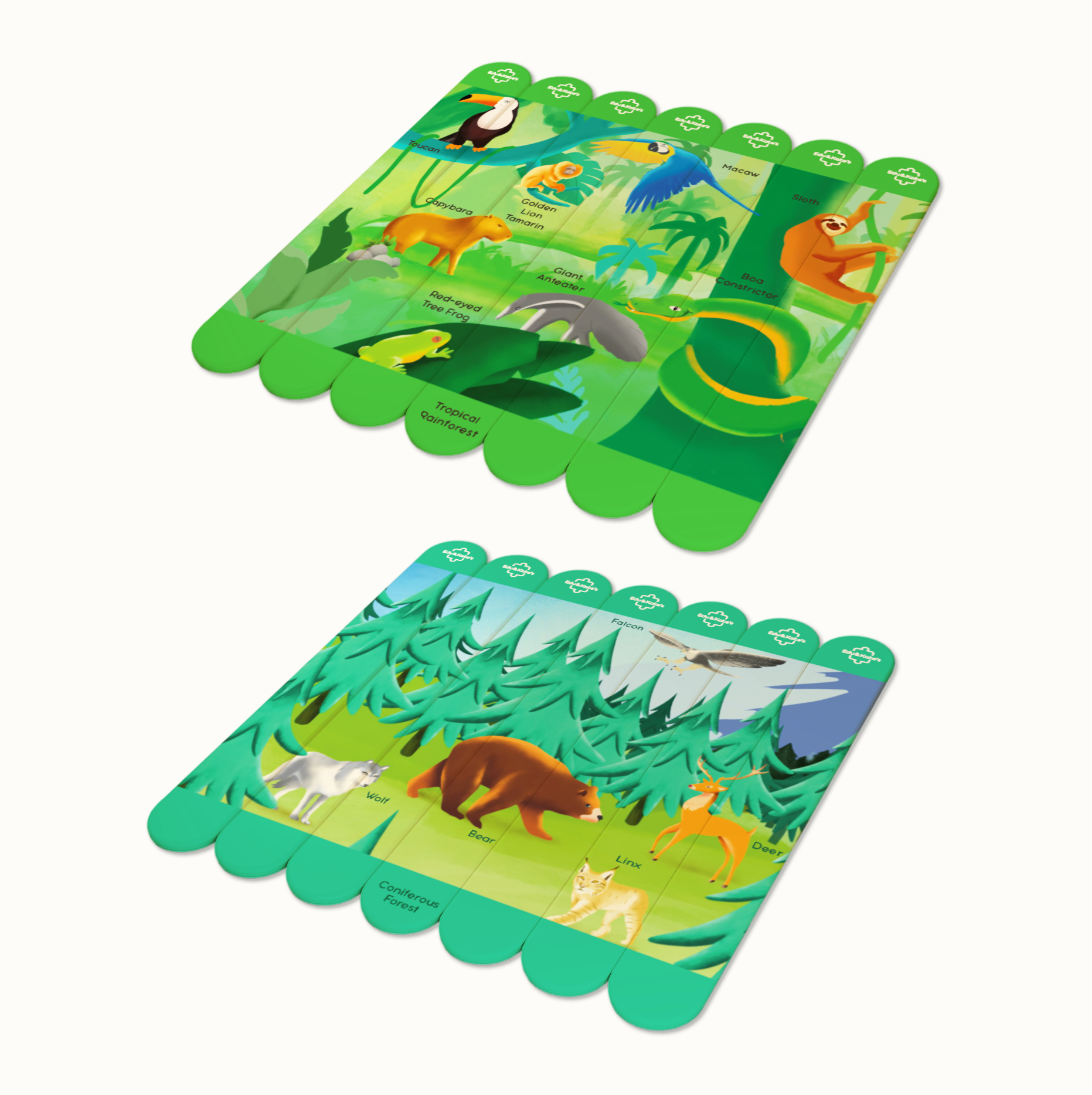 Two animal-themed wooden placemats with green and blue borders displaying colorful animals and text labels.