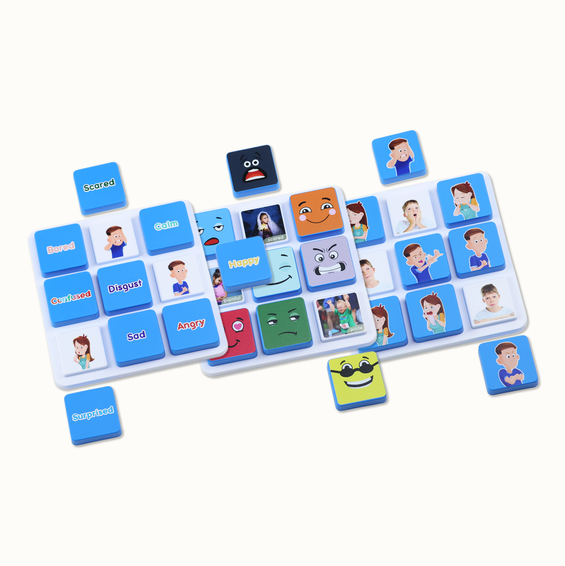 Emotion learning cards with colorful cartoon faces and emotion words on blue tiles and real childrens photos.