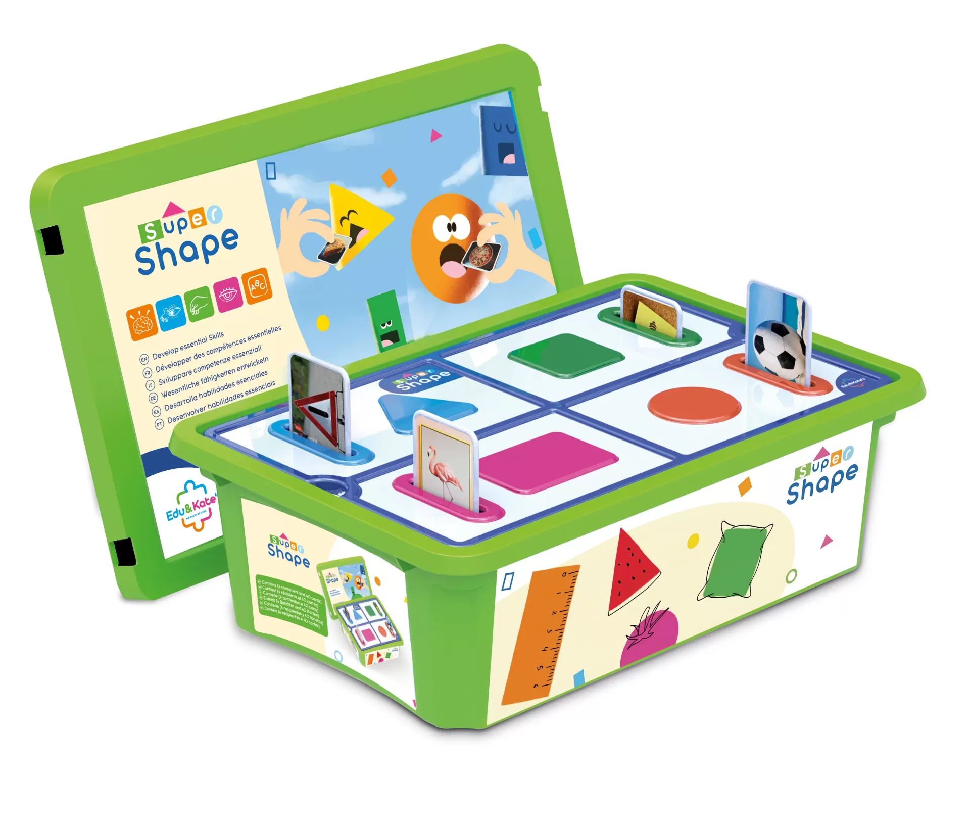 Super Shape childrens educational toy with colorful shapes and image cards in green frame
