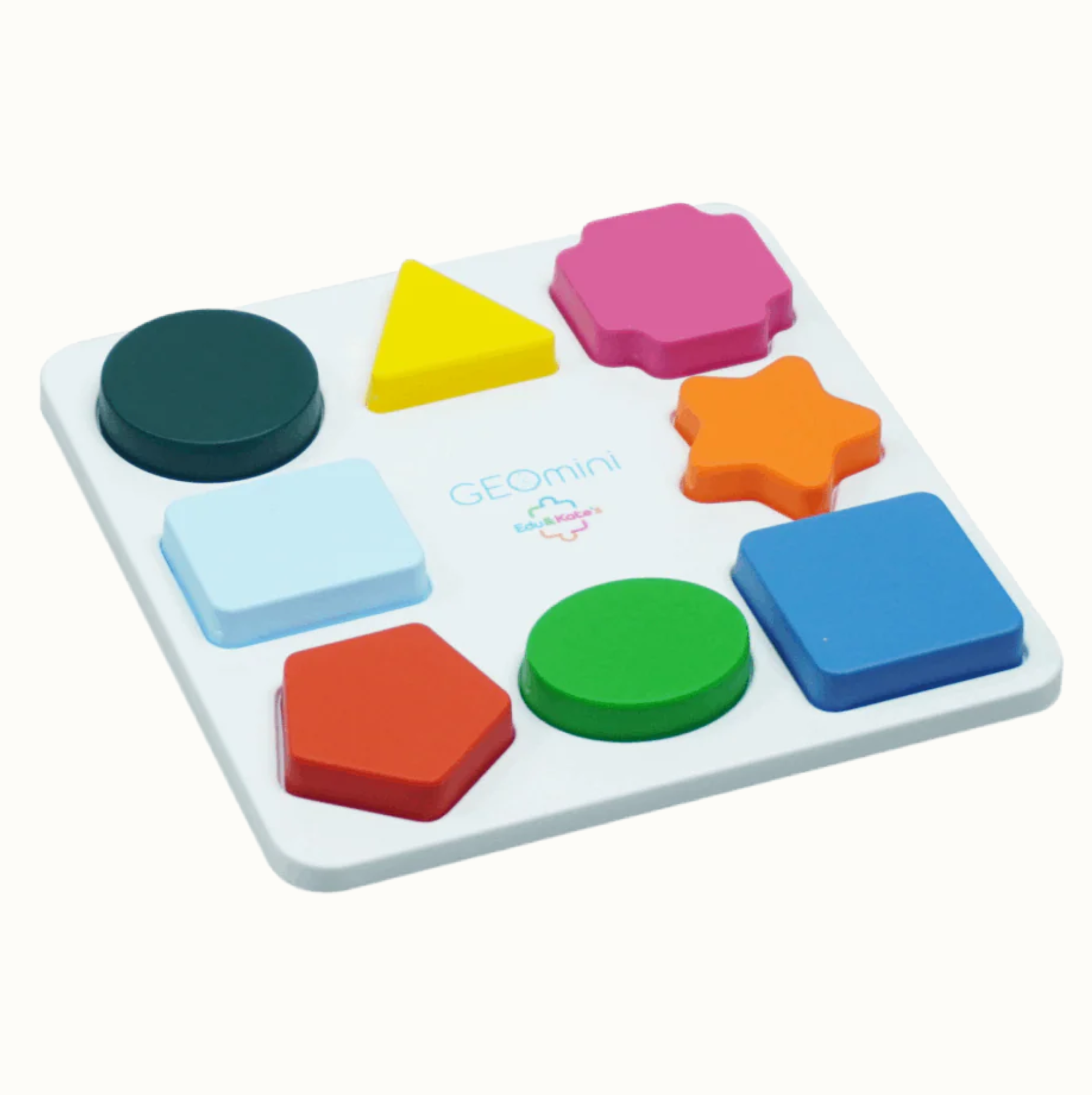 Kids shape sorter toy with colorful geometric shapes on a white base marked GEomini and Edukolor