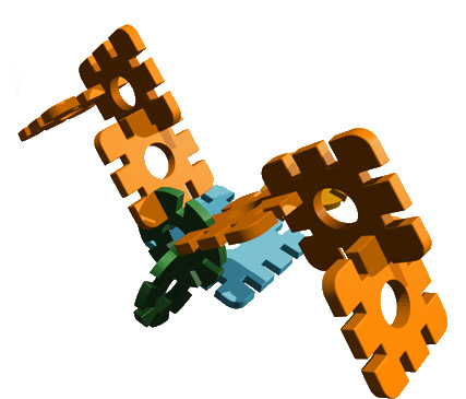 Klick - Starter Pack 3D model with interlocking plastic gears in brown, blue, and green