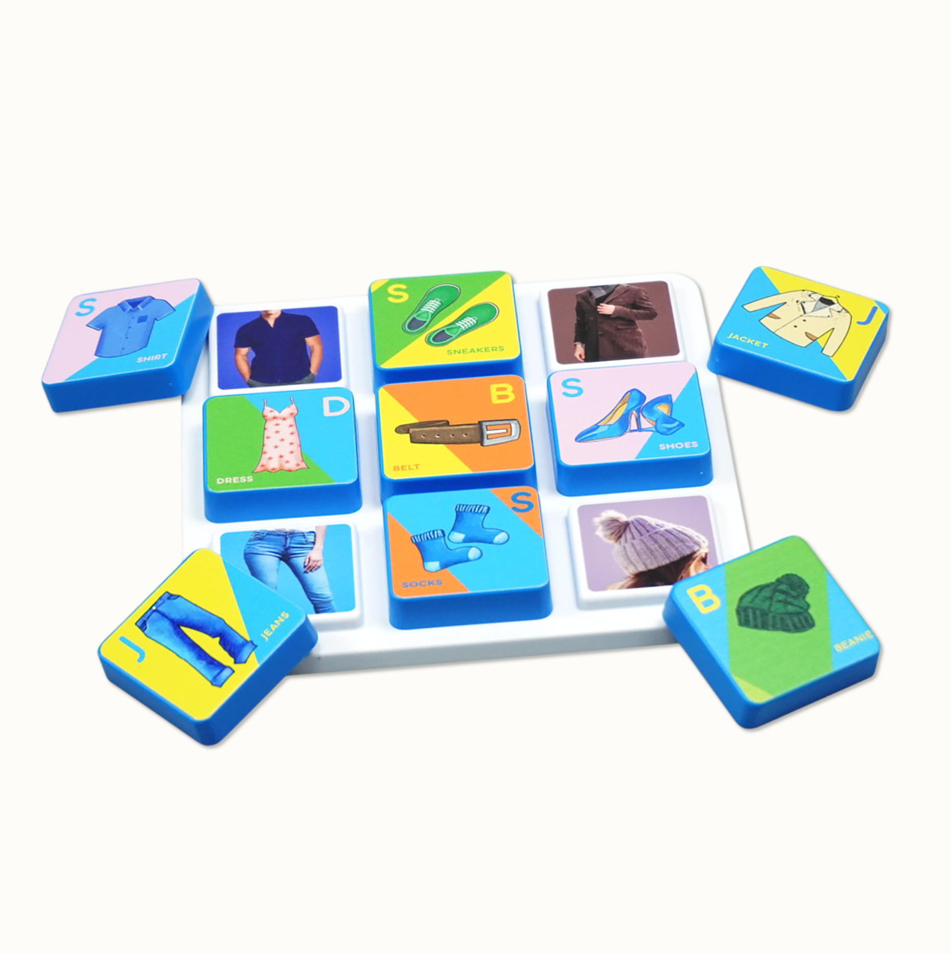Blue blocks with clothing images and text on a white background