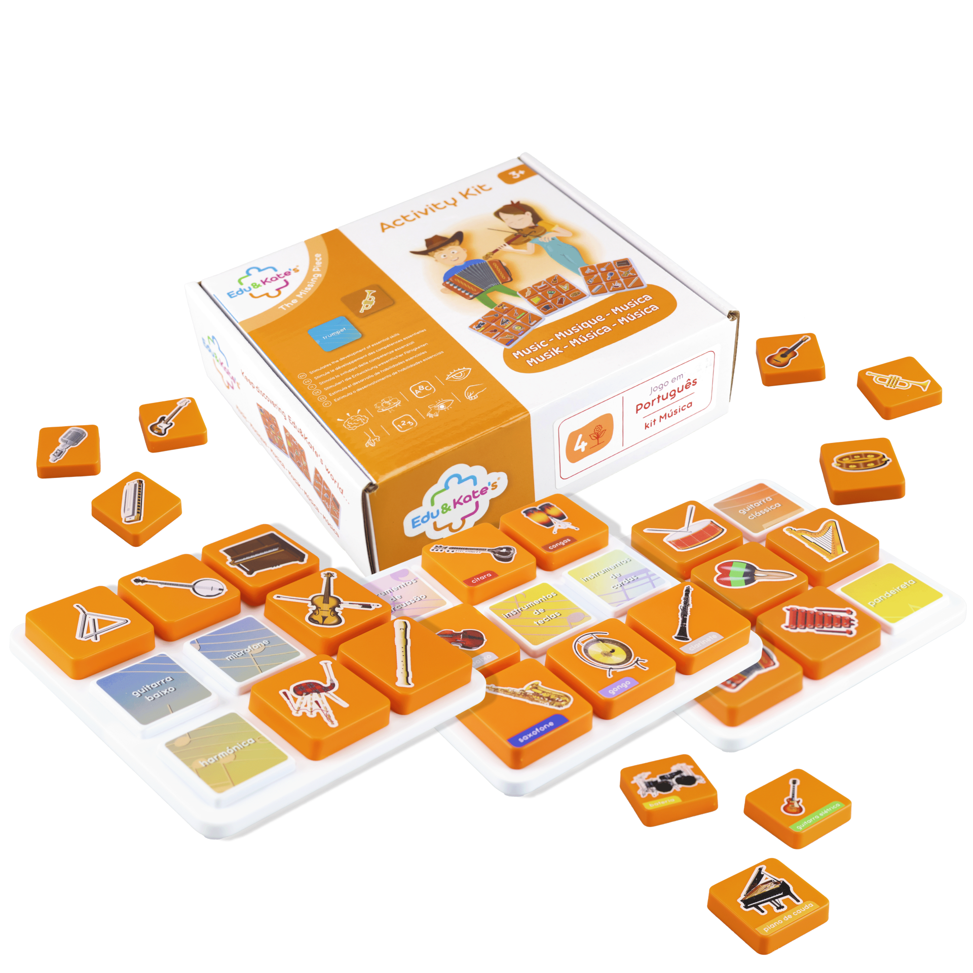Childrens activity kit with orange tiles of musical instruments and a white board