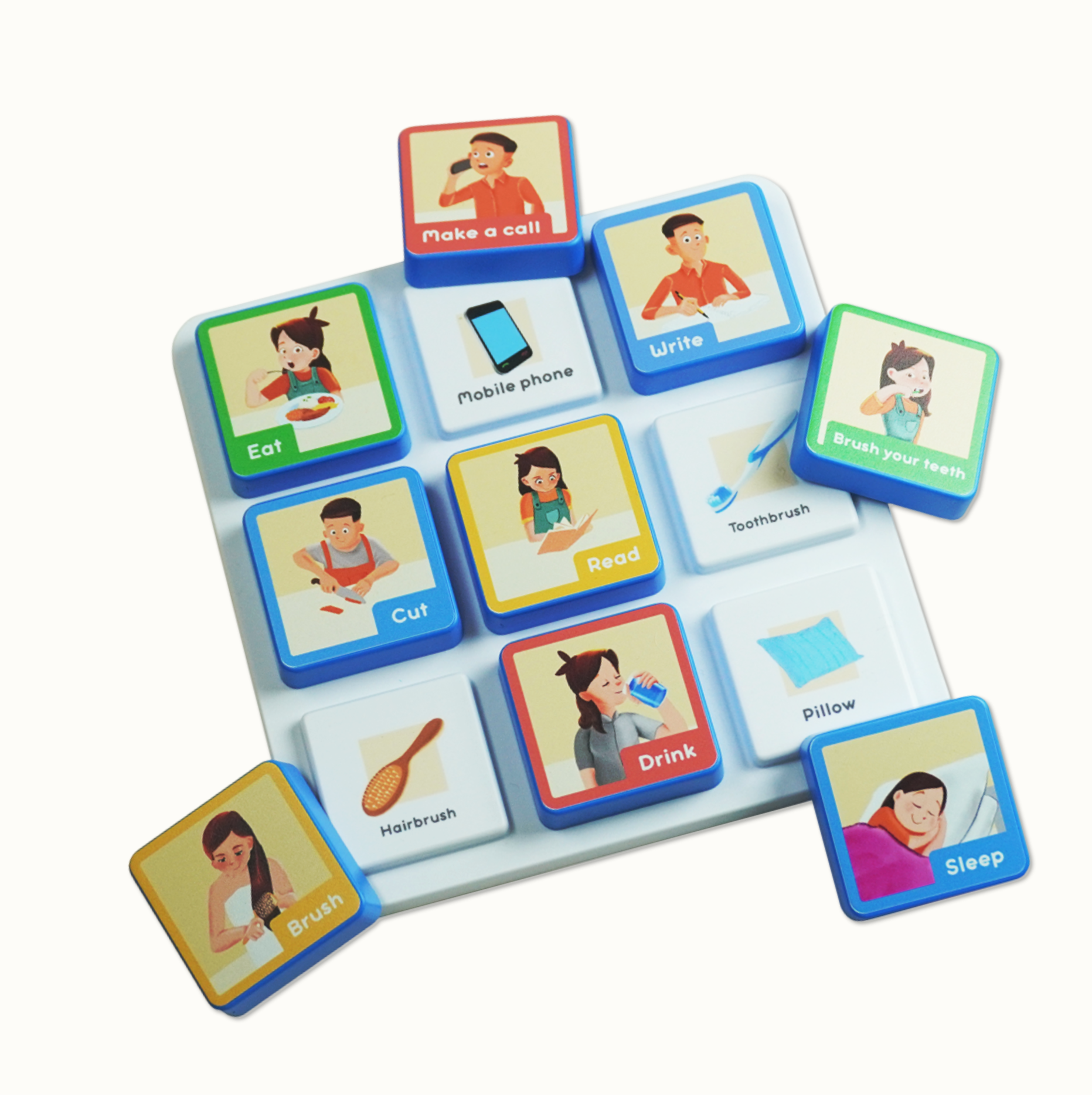 Colorful educational tiles with cartoon images and words on a white base