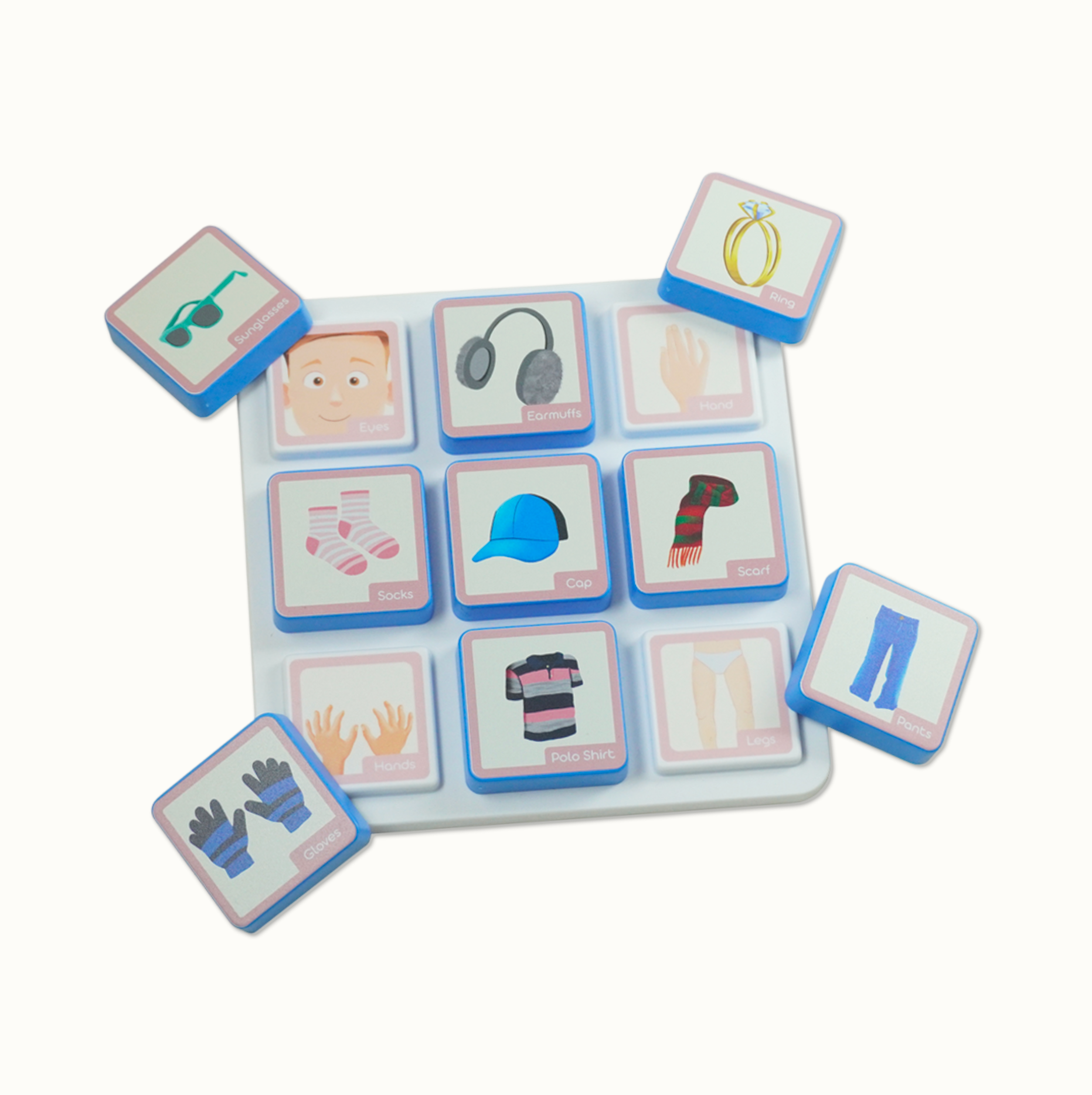 Blue-framed cartoon image tiles with clothing and body part labels on a white board