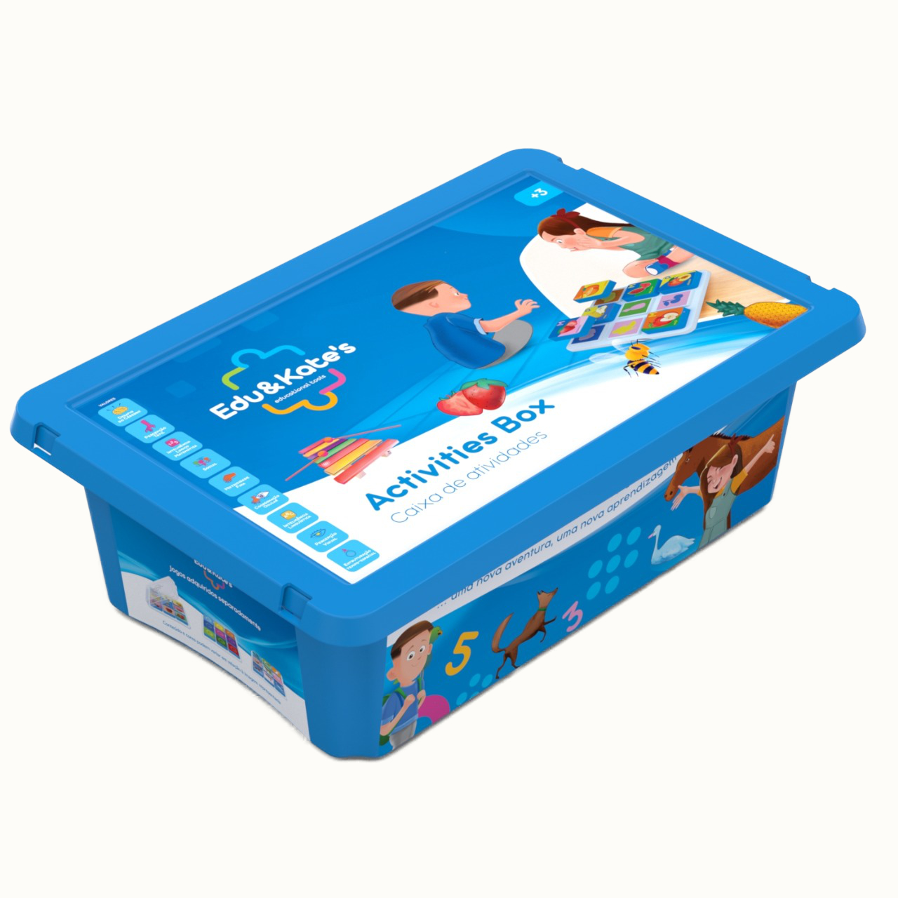Caixa azul de atividades EduKeepers com ilustrações coloridas na tampa