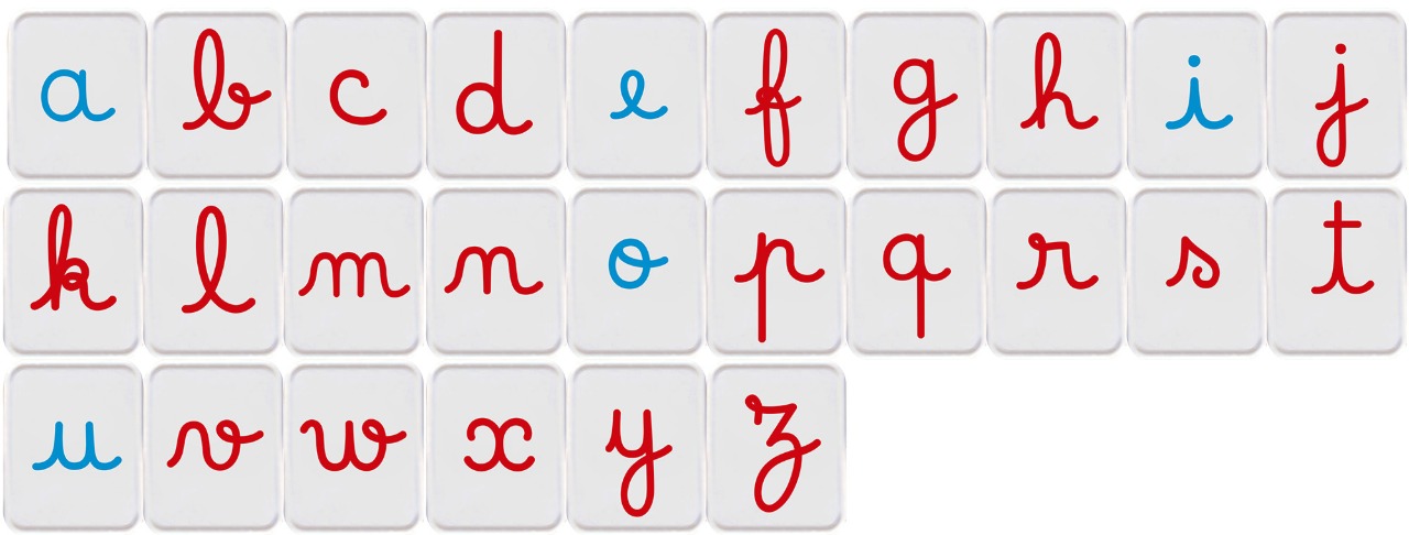 Alphabet tiles with red and blue cursive lowercase letters