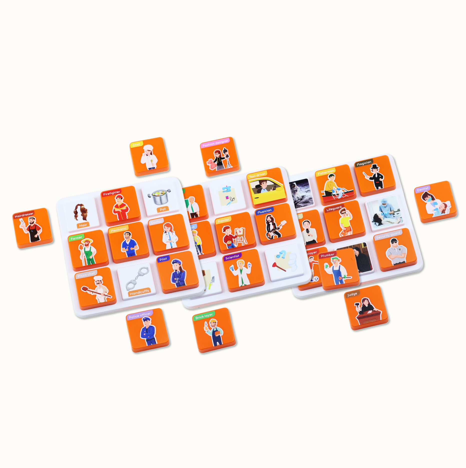 Childrens educational game tiles with professions and illustrations