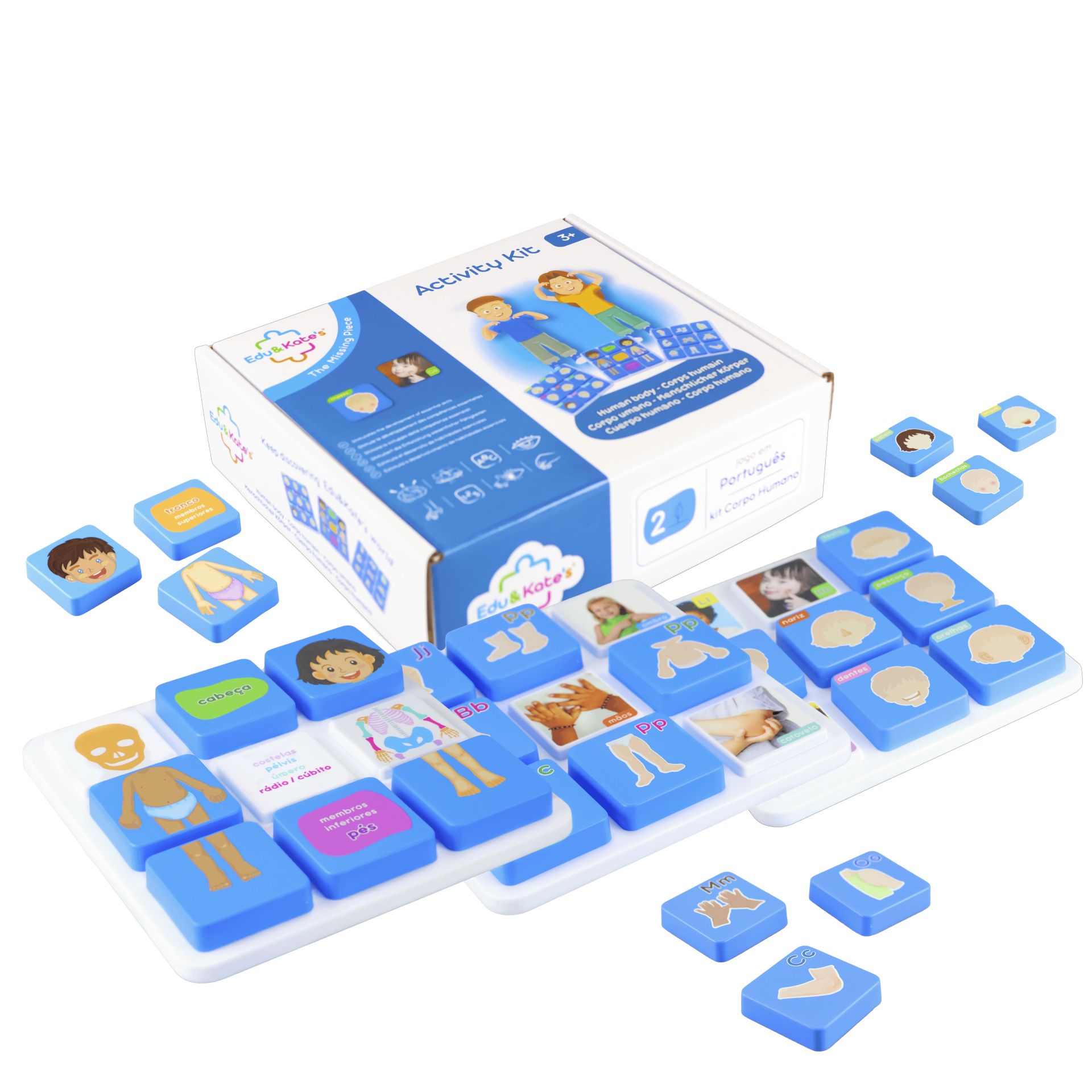 Educational activity kit with blue plastic pieces showing body parts and a white box
