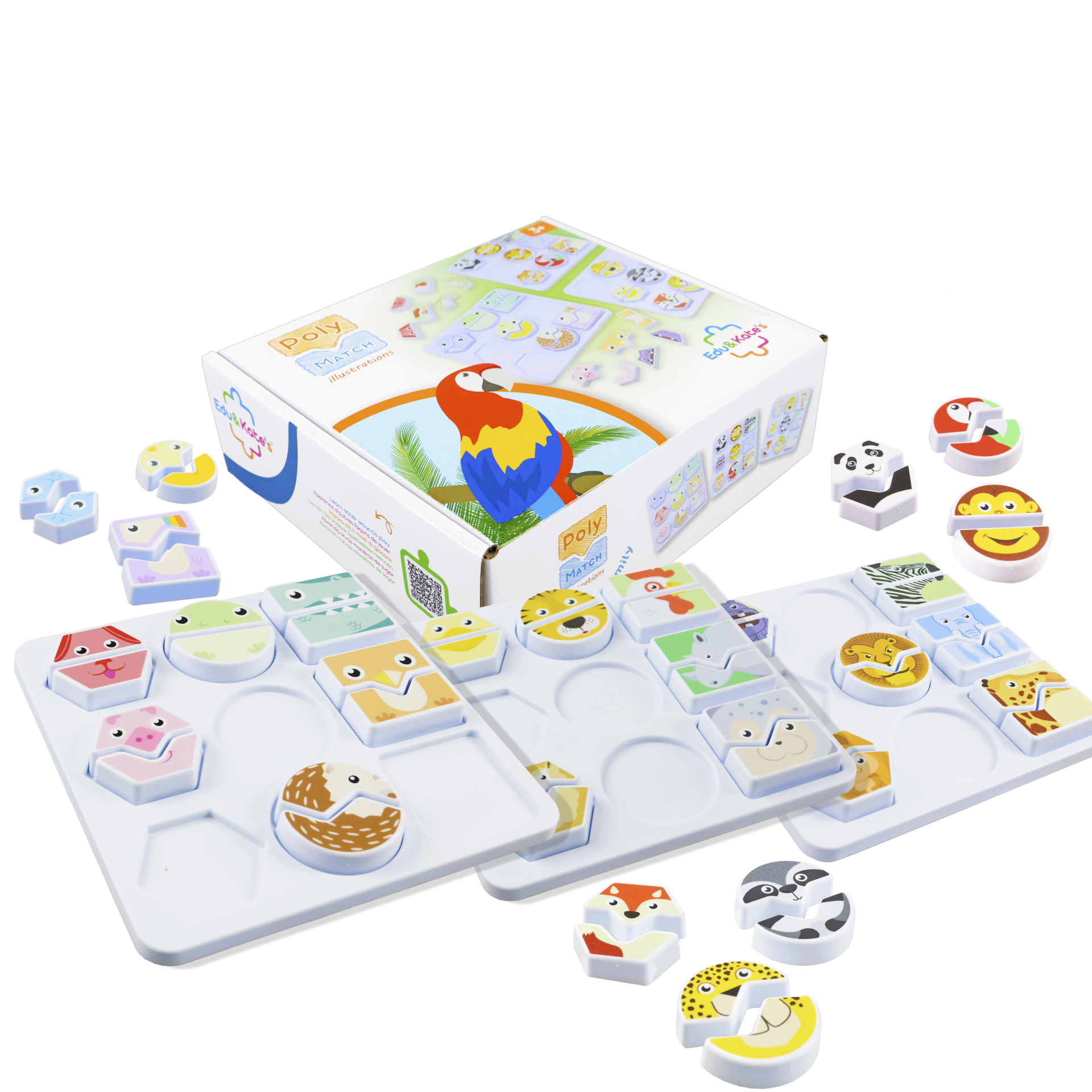 Educational puzzle set with animal face pieces and a box with parrot illustration.