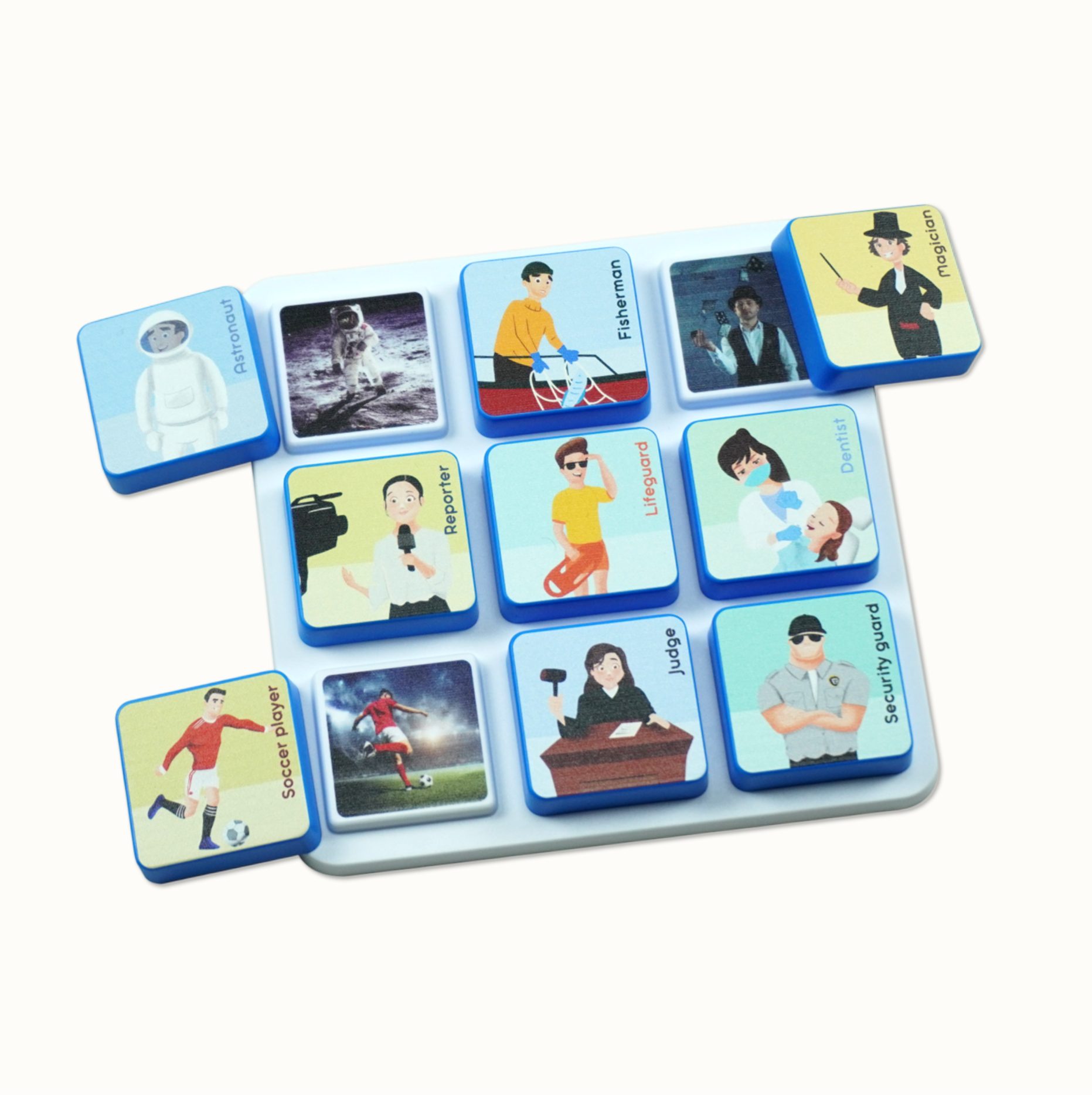Blocks with images and names of different professions on a white base