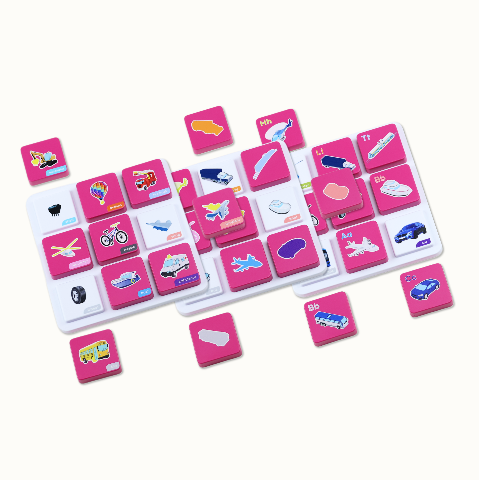 Magnetic educational tiles with transportation images and letters on pink and white backgrounds.