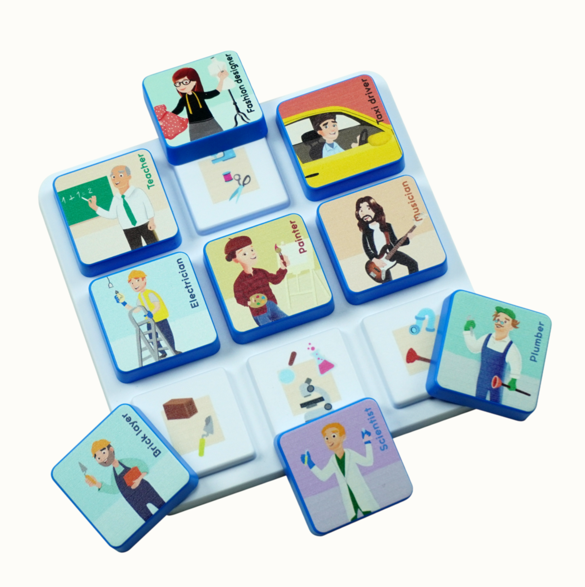 Colorful square tiles with cartoon characters representing different professions on a white base
