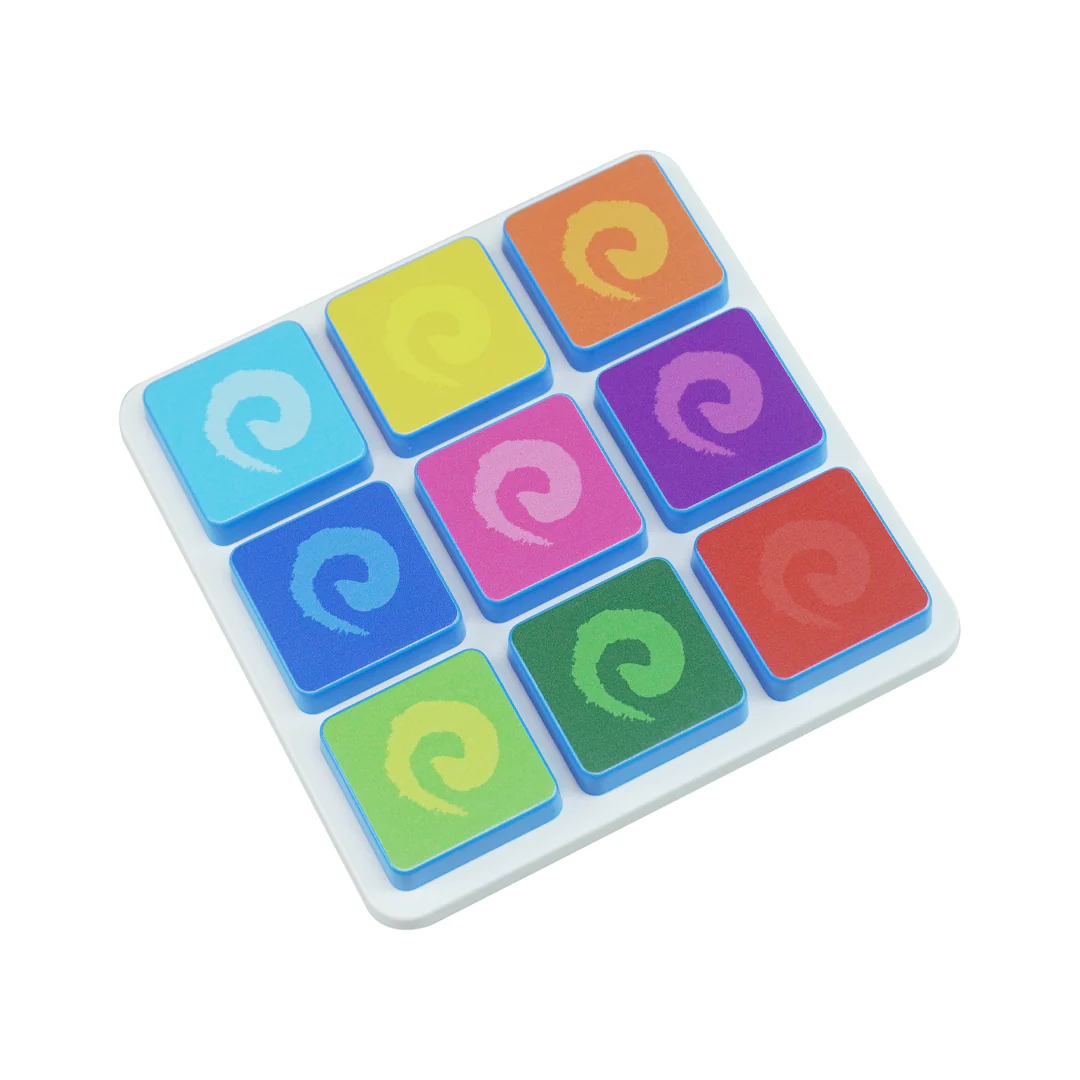 Colorful square keycaps with swirl patterns on a white base.