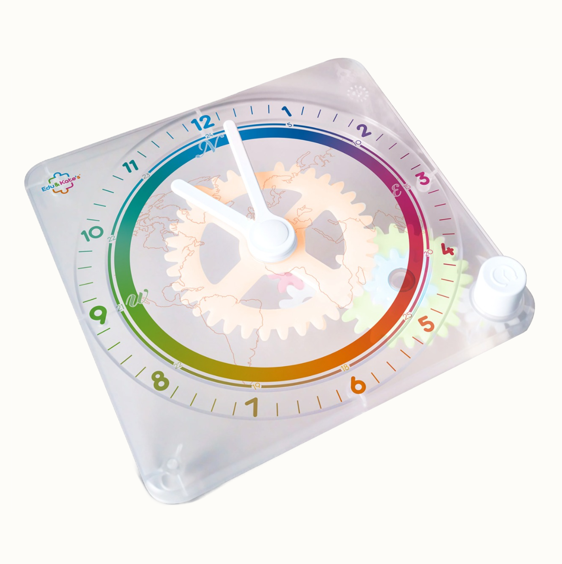 Transparent educational clock toy with colorful numbers and visible gears