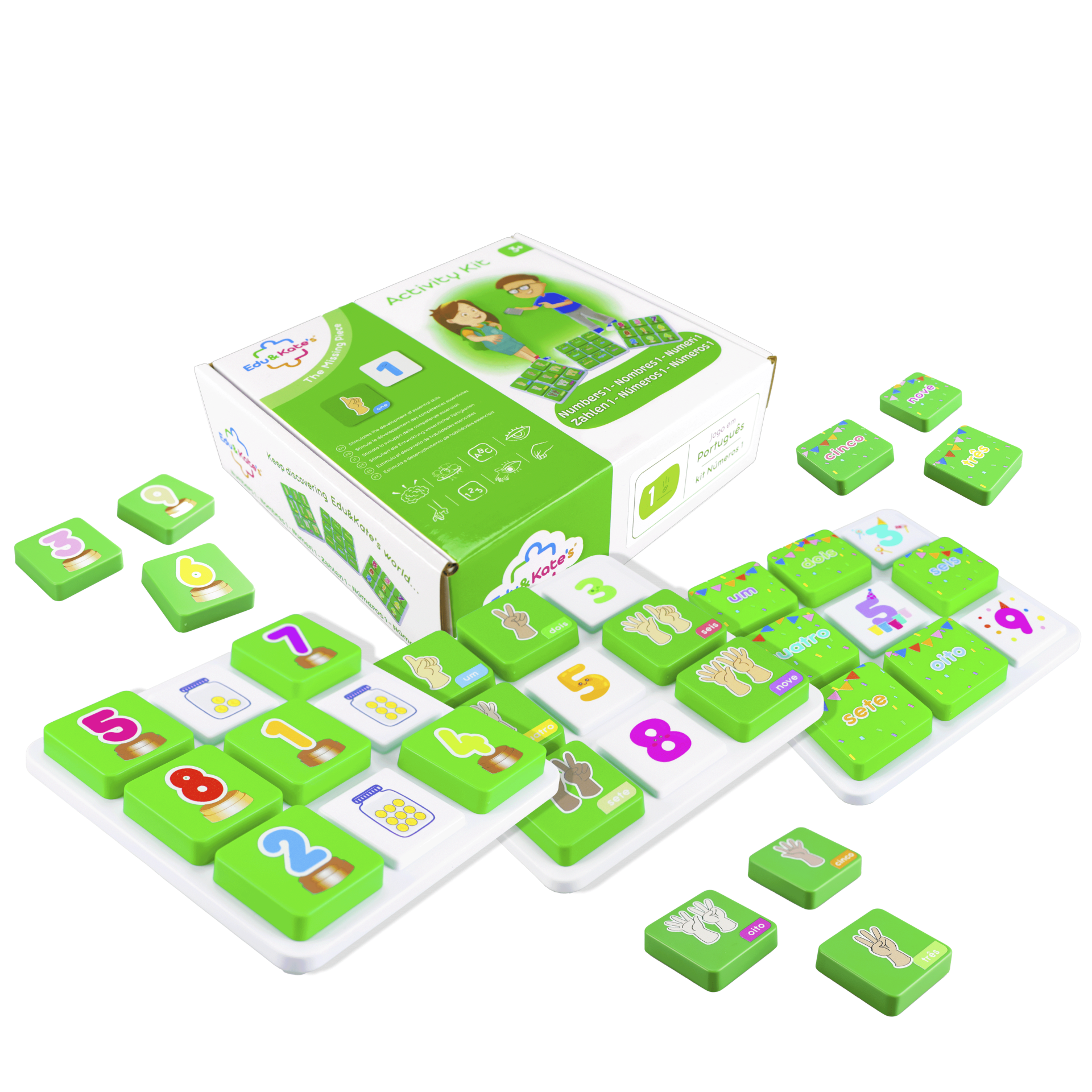Educational activity kit with green and white number tiles and matching packaging on white background