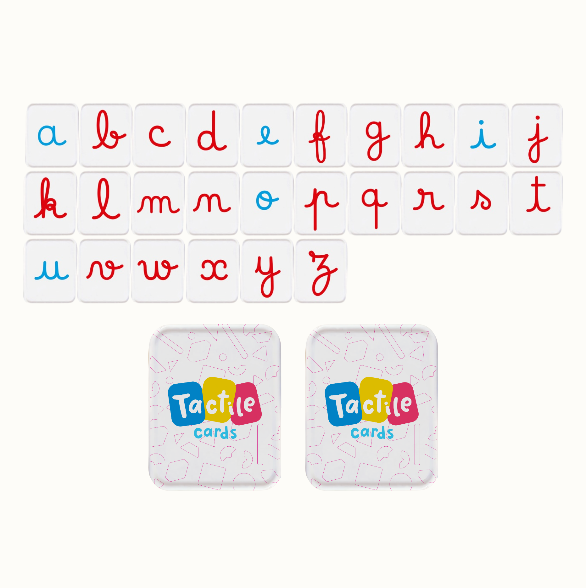 White tactile alphabet cards in red and blue cursive letters with two Tactile cards labeled tins