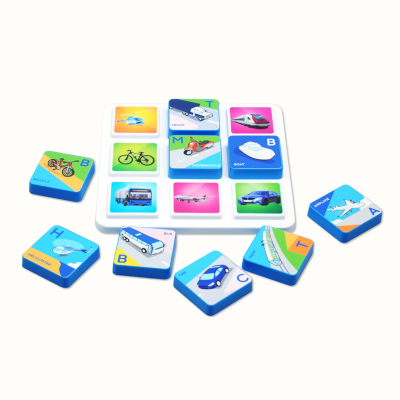 Colorful square tiles with vehicle images and labels for childrens educational toy