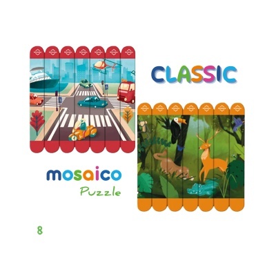 Two wooden puzzles with city and jungle scenes and colorful text