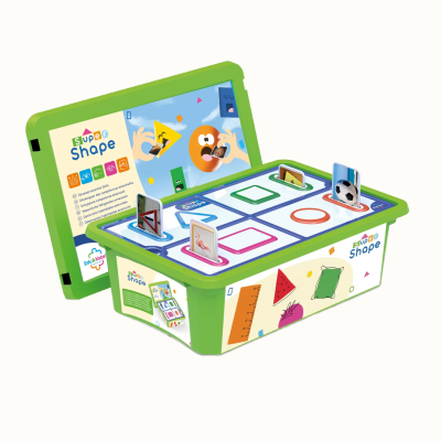 Green Super Shape educational toy box with shape sorting slots and colorful picture cards