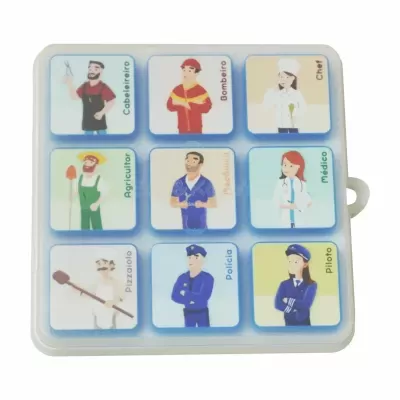 Tabuleiro de jogo infantil com ilustrações de profissões em quadrados azuis e amarelos