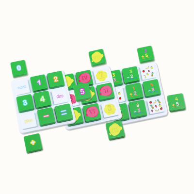 Childrens educational math game with colorful plastic number and arithmetic tiles on white background