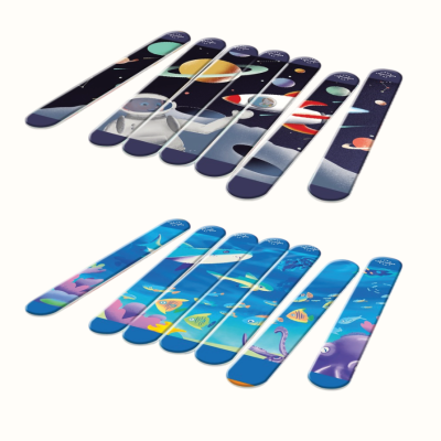 Two sets of colorful wooden sticks with cartoon outer space and underwater scenes