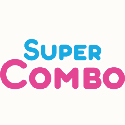 Text SUPER COMBO with SUPER in blue and COMBO in pink on white background