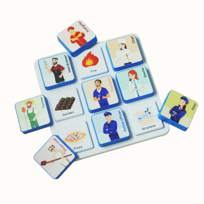 Square tiles with blue borders and illustrations of professions and objects like Firefighter, Chef, Fire, Hairdresser, Doctor, Mechanic, Farmer, Police Officer, Airplane, Pilot, Pizza, and Pizza Chef.
