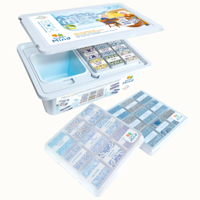 Educational game box with patterned tiles and Super Mind branding