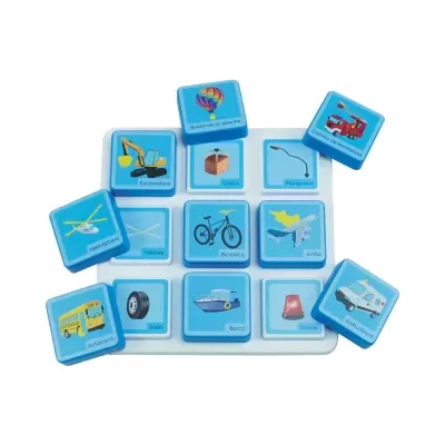 Childrens matching game with blue tiles showing vehicles and objects with Portuguese text