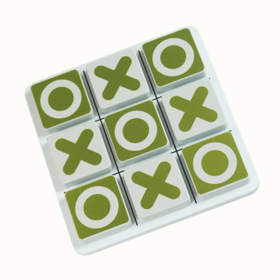 Tic-tac-toe game with white and olive green X and O pieces on a white plastic board.