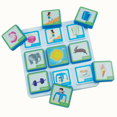 Colorful educational wooden blocks with images and Portuguese words on a white board.