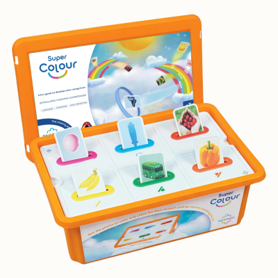 Orange educational game set with colorful cards and Super Colour text on the lid