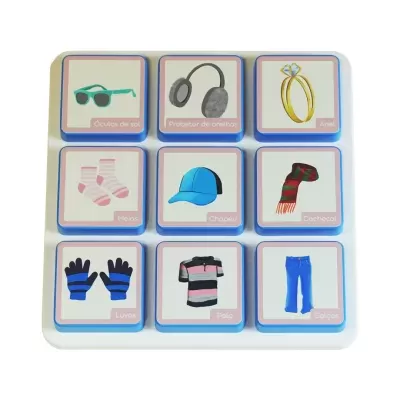 Tray with nine blue-bordered tiles showing illustrations and Portuguese labels of clothing and accessories