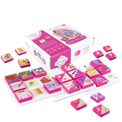 Childrens activity kit with pink and white pieces and images on a white board with a pink and white box.