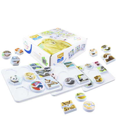 Animal image puzzle set with a white plastic board and box labeled Poly Match images