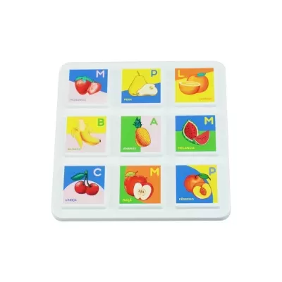 Tray with nine colorful square blocks showing fruit illustrations and Portuguese names.