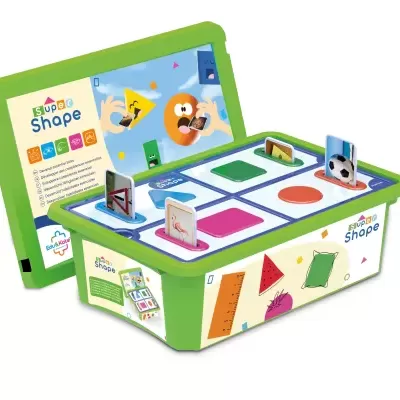 Super Shape childrens educational toy with colorful shapes and image cards in green frame