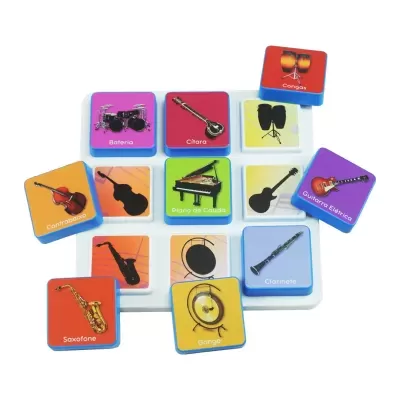 Musical instrument matching puzzle pieces with images and names on a white board