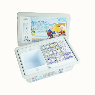White plastic box with elderly people illustration and decorative tiles with Portuguese phrases