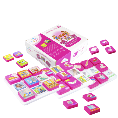 Childrens educational activity kit with pink and white tiles and a box displaying product name and usage.