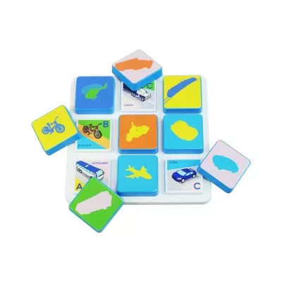 Colorful childrens vehicle matching game with labeled image tiles on a white tray