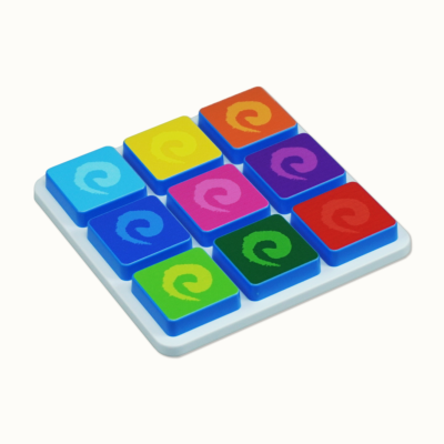 Colorful square buttons with swirl patterns on a white keypad.