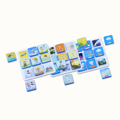 Educational plastic weather and activity flashcards with colorful illustrations and weather-related words