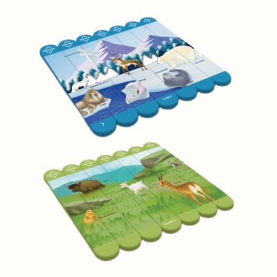 Two sets of wooden animal puzzles with habitat backgrounds and animal names in Spanish.