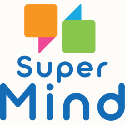 Logo with colorful speech bubbles and Super Mind text