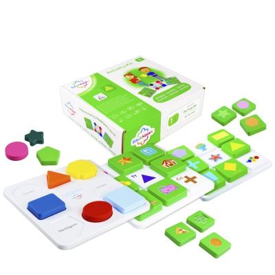 Childrens educational geometric shapes activity kit with colorful blocks and white boards