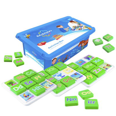 Blue Edu&Kates Activities Box with green letter tiles and picture cards on white trays