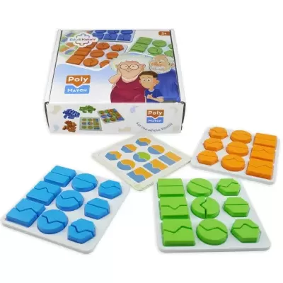 Educational game Poly Match with colorful geometric pieces and box featuring cartoon family
